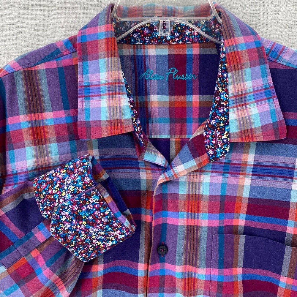 Alan Flusser Purple and Pink Plaid Button-Down Shirt
